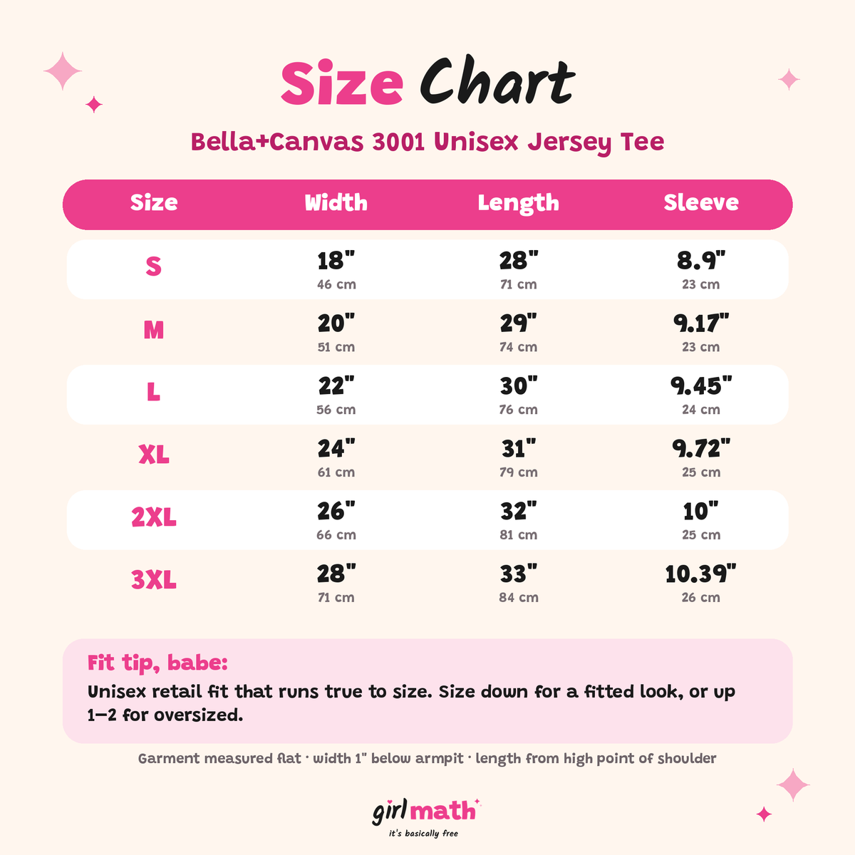 Bella+Canvas 3001 tee size chart